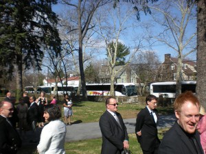 Buses outside church at wedding